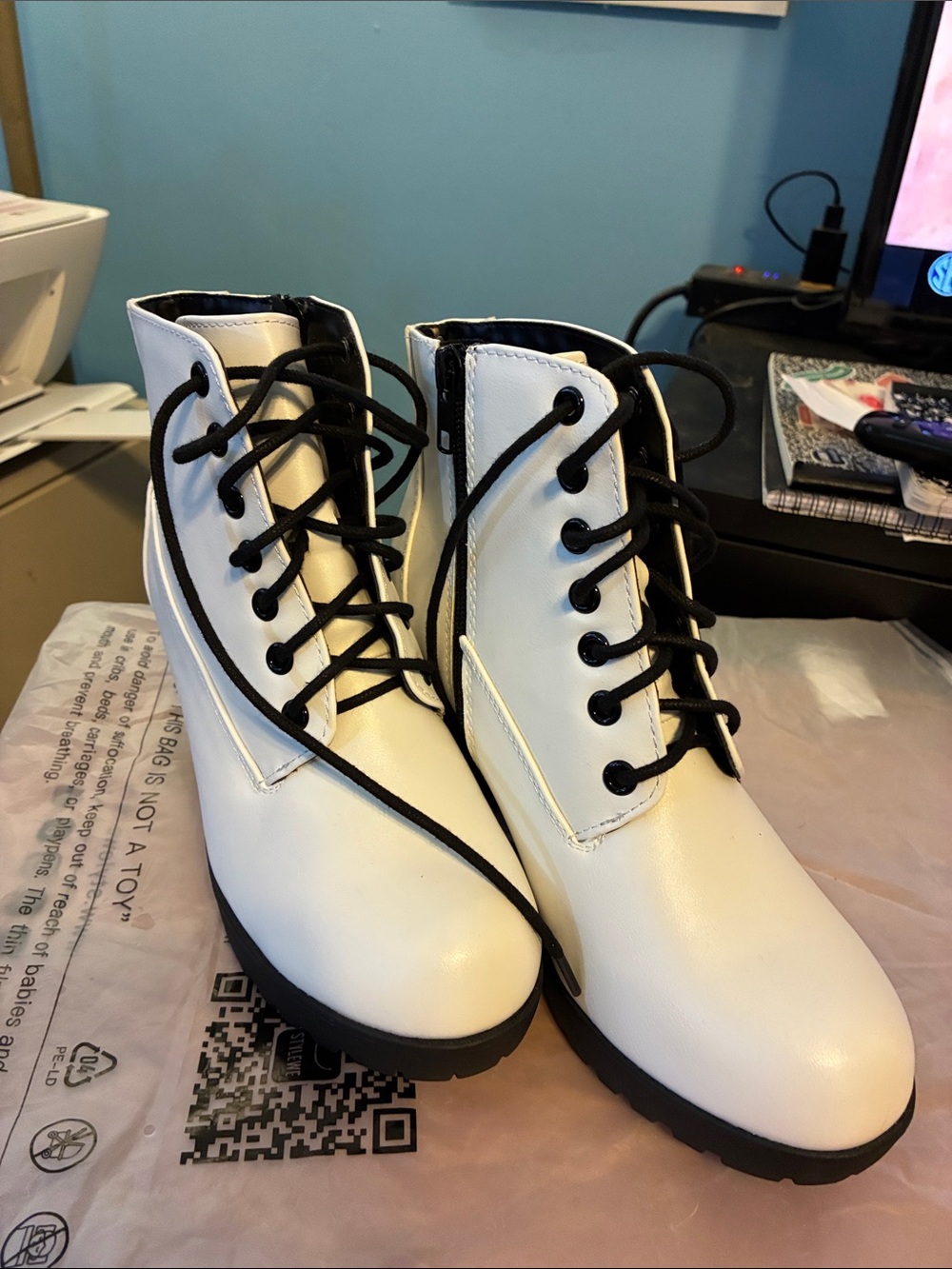 New Soda White Lace-Up Ankle Boots with Black Laces
